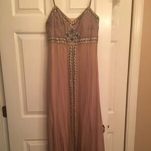 Sue Wong Elegant Beige and Silver Evening Gown